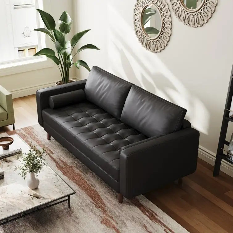 70" Tufted Faux Leather Square Arm Sofa with 2 Toss Pillows