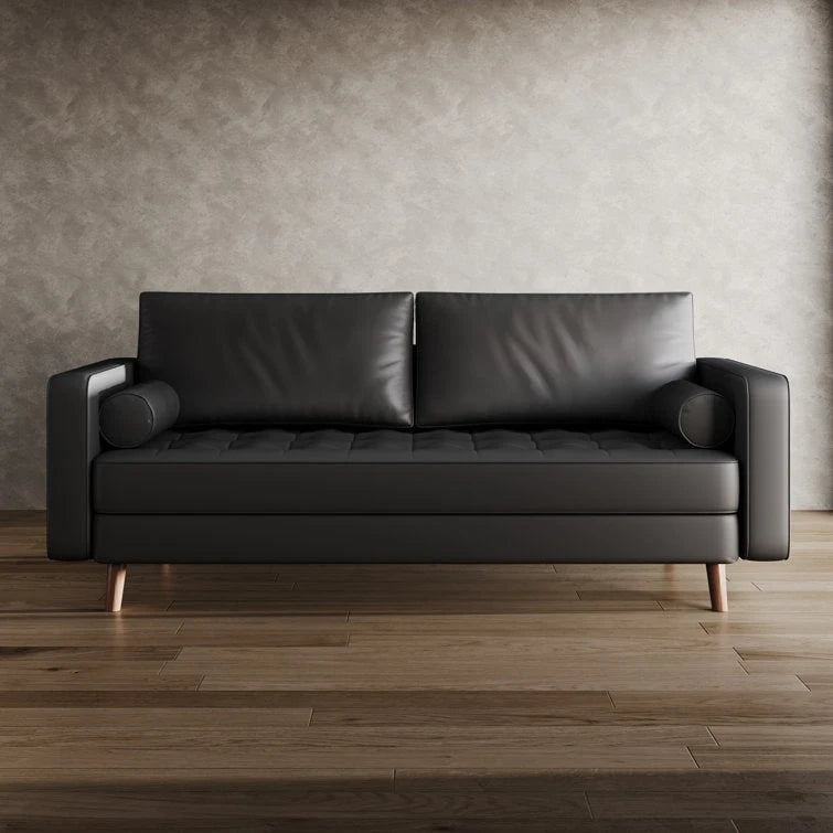 70" Tufted Faux Leather Square Arm Sofa with 2 Toss Pillows