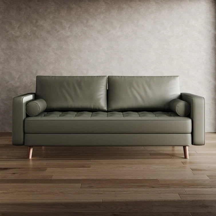 70" Tufted Faux Leather Square Arm Sofa with 2 Toss Pillows