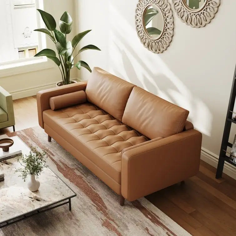 70" Tufted Faux Leather Square Arm Sofa with 2 Toss Pillows