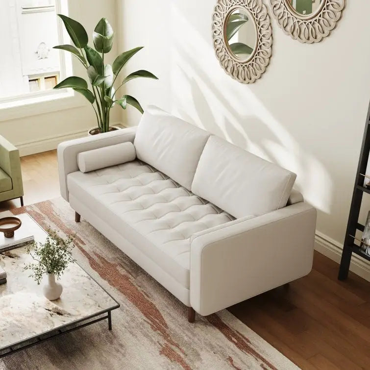 70" Tufted Faux Leather Square Arm Sofa with 2 Toss Pillows