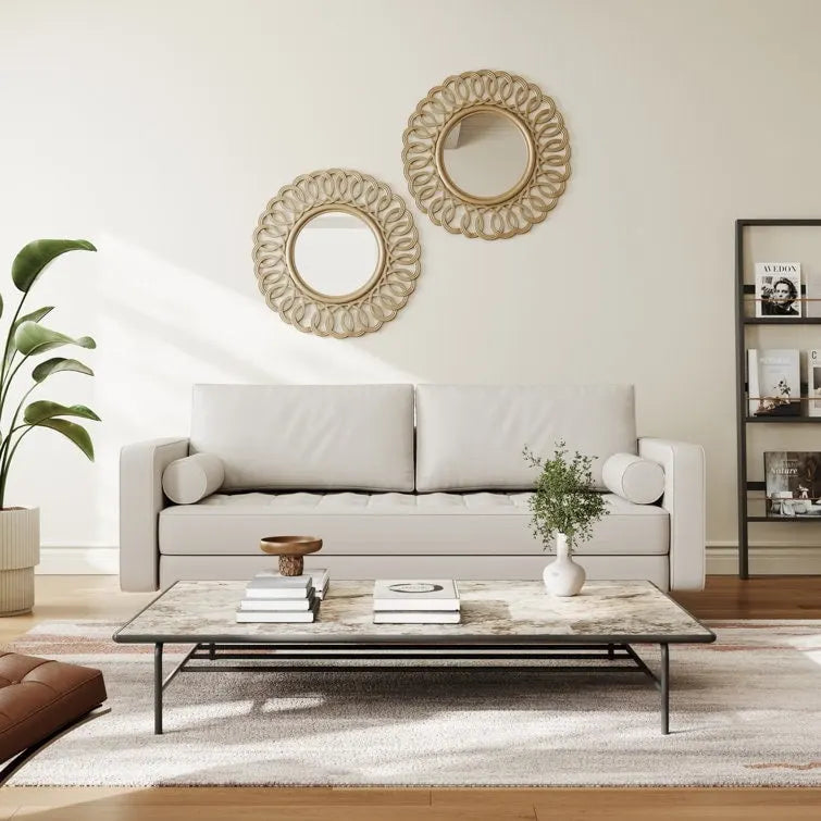 70" Tufted Faux Leather Square Arm Sofa with 2 Toss Pillows