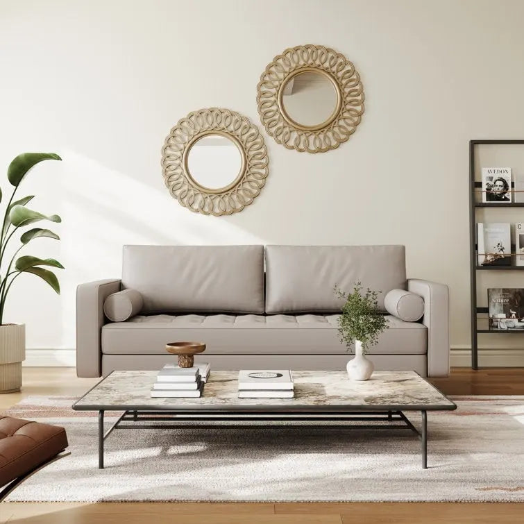 70" Tufted Faux Leather Square Arm Sofa with 2 Toss Pillows